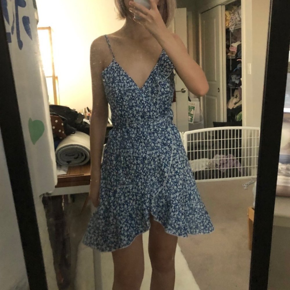 Blue flower print one piece mini dress with adjustable waist strap